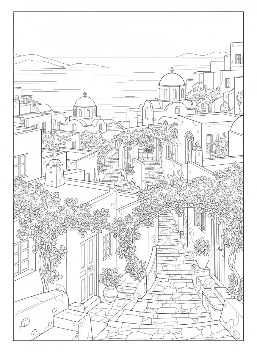 Coloriage adulte facile quartier grec Cyclades maisons blanches église méditerranéen PDF